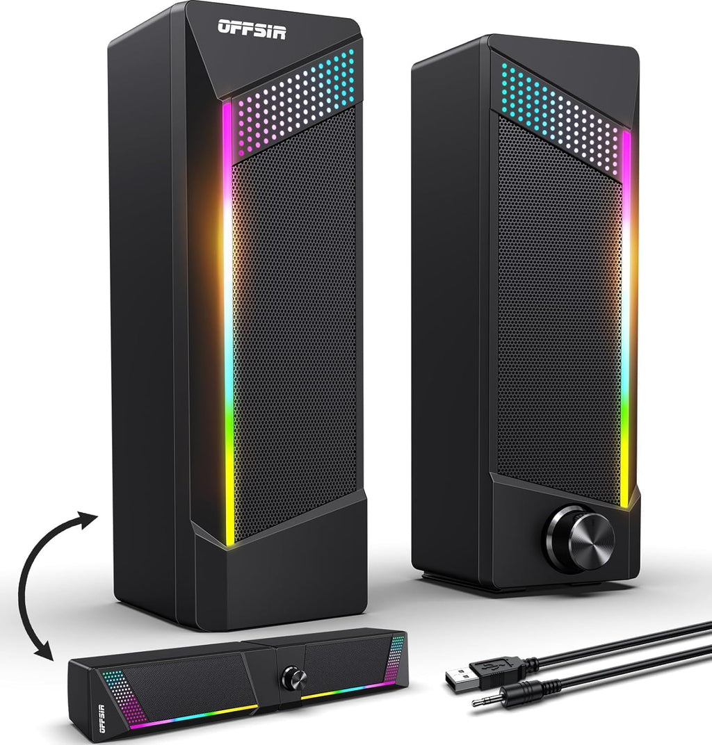 Computer Speakers,2 in 1 PC Speaker,Gaming Speakers for Laptop Desktop Monitor,Touch Sensitive Lighting,10 Watts Peak Power,Usb Powered 3.5Mm Aux(Package Only Two Speaker,No Soundbar)