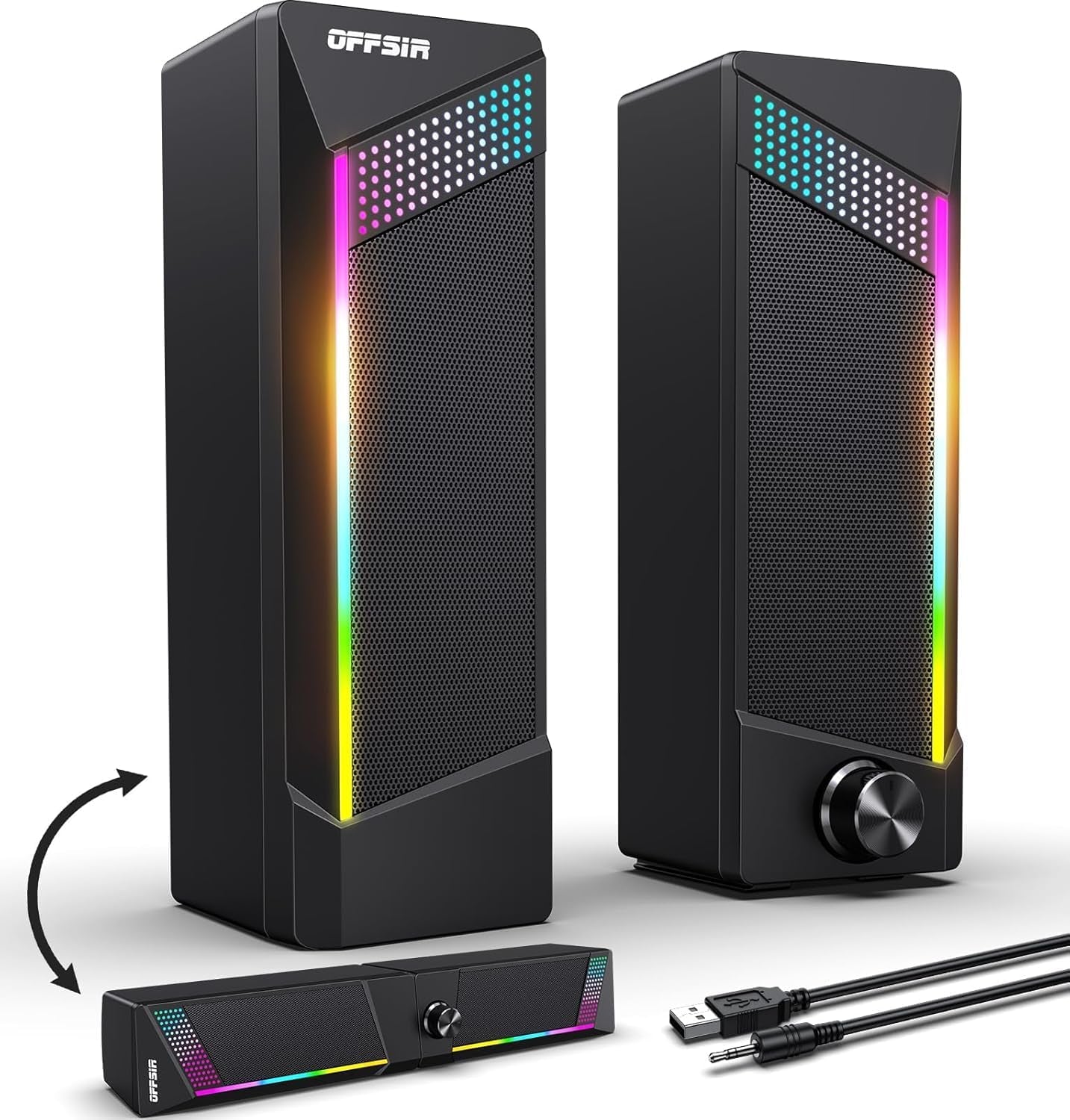 Computer Speakers,2 in 1 PC Speaker,Gaming Speakers for Laptop Desktop Monitor,Touch Sensitive Lighting,10 Watts Peak Power,Usb Powered 3.5Mm Aux(Package Only Two Speaker,No Soundbar)