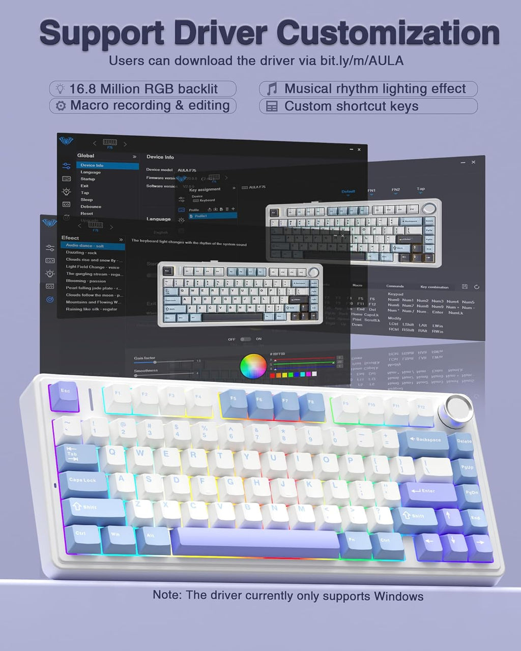 F75 75% Wireless Mechanical Keyboard,2.4Ghz/Type-C/Bt5.0 Gaming Keyboards,Advanced Structure,Rgb Backlight,Hot Swappable Custom Keyboard for Pc/Mac (Blue&Purple)