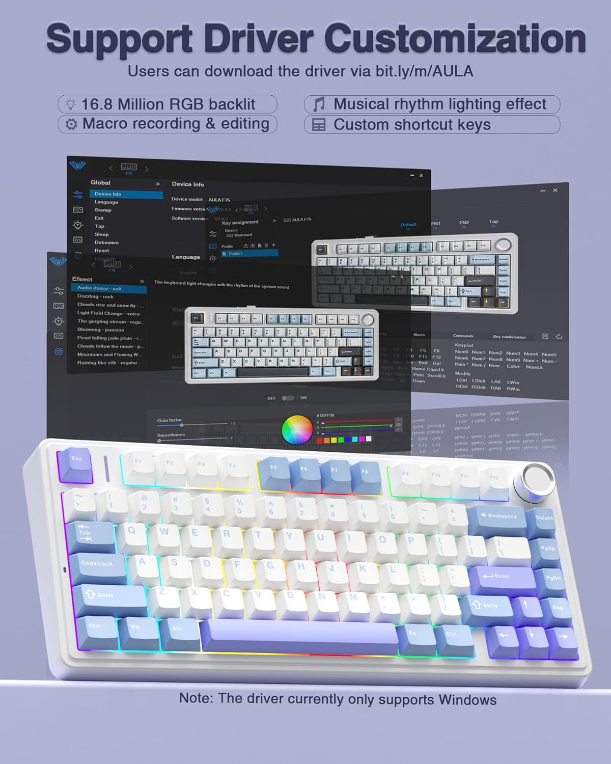 F75 75% Wireless Mechanical Keyboard,2.4Ghz/Type-C/Bt5.0 Gaming Keyboards,Advanced Structure,Rgb Backlight,Hot Swappable Custom Keyboard for Pc/Mac (Blue&Purple)