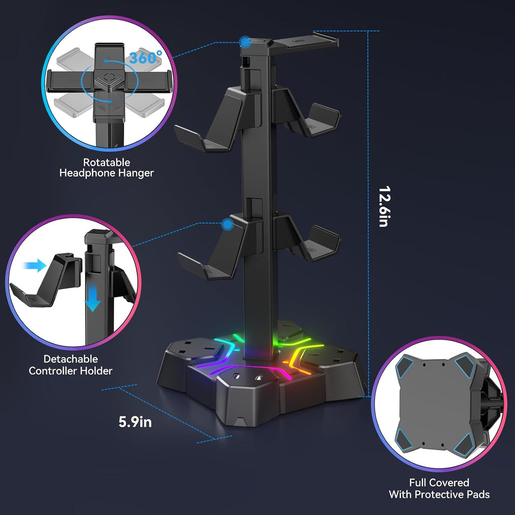 RGB Headphone Stand with USB Charger, Controller Stand for Desk, Headset Stand Holder with 2 USB Charging Ports and 3 AC Outlets Extension Lead Socket,Gaming Headset Desk Accessories