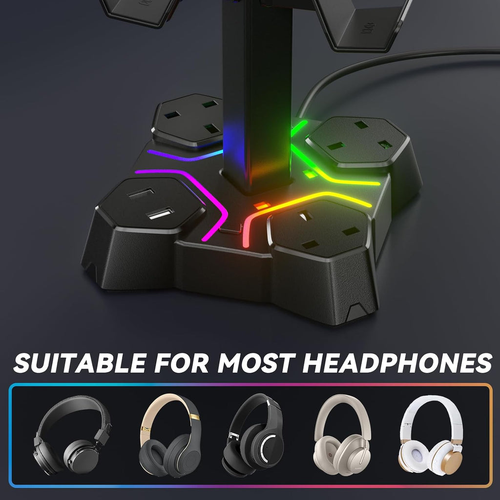 RGB Headphone Stand with USB Charger, Controller Stand for Desk, Headset Stand Holder with 2 USB Charging Ports and 3 AC Outlets Extension Lead Socket,Gaming Headset Desk Accessories