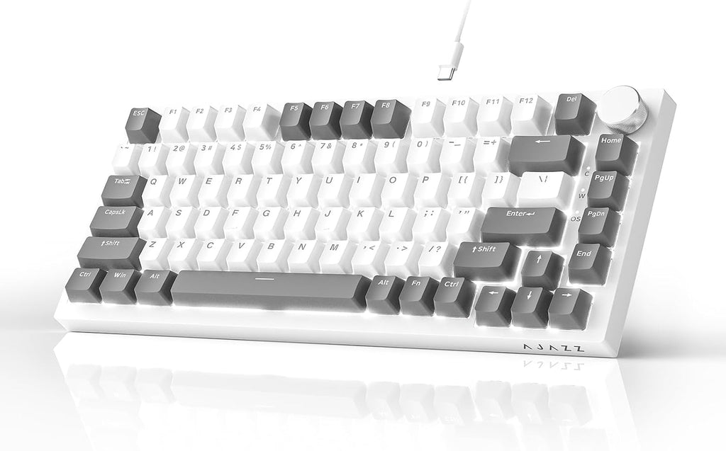AK820 Mechanical Keyboard, 75% Hot Swappable Wired Keyboard with Volume Control Knob, QWERTY Layout, PBT Keycaps, Five-Layer Sound Insulation Pad, 82-Key Gaming Keyboard, Grey White