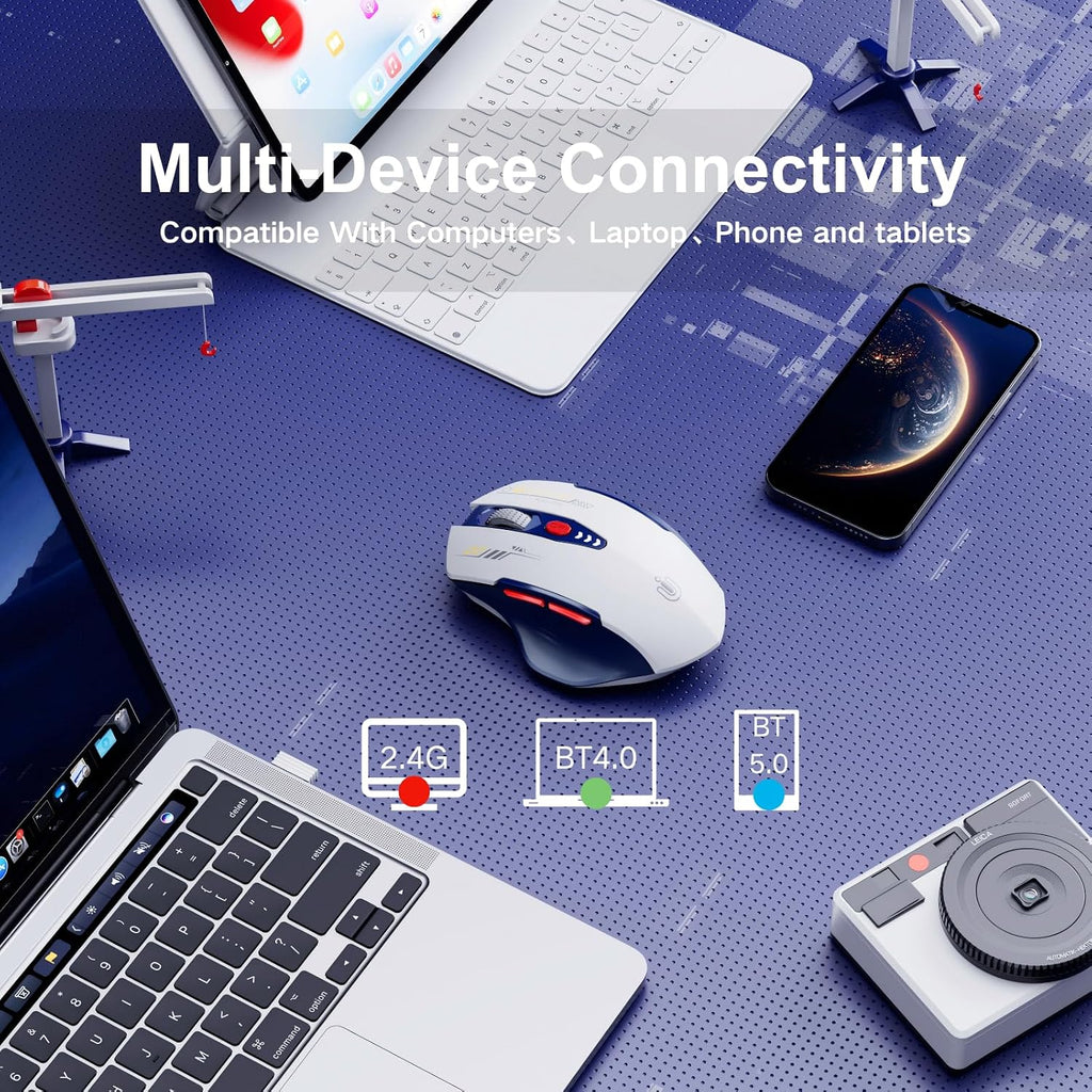 Wireless Mouse, 3-Mode Bluetooth 5.0/4.0 & 2.4Ghz, Rechargeable