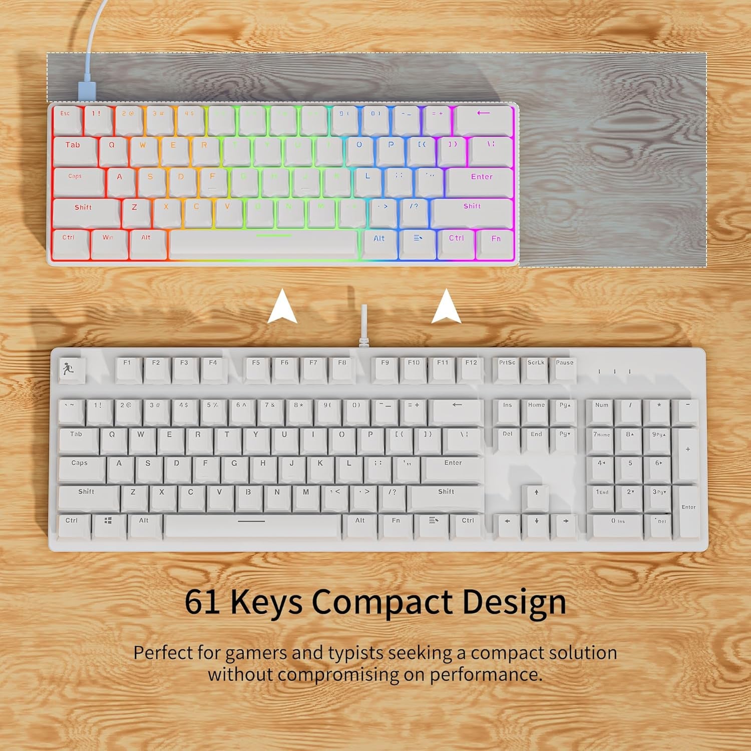 GM611 Gaming Keyboard,60% Percent Mechanical Keyboard Red Switches | 61 Keys,Led Backlit,Anti-Ghosting,White Keycaps ,Wired Gaming Keyboard,Qwerty,Pc, Windows, Gamer, Office, Typist Red Switches