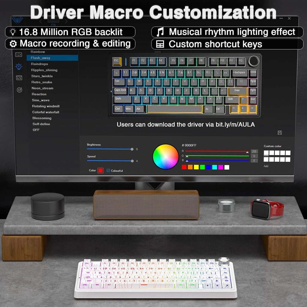 F75 75% Wireless Mechanical Keyboard,2.4Ghz/Type-C/Bt5.0 Gaming Keyboards,Advanced Structure,Side Engraved,Rgb Backlight,Hot Swappable Custom Keyboard for Pc/Mac (White)