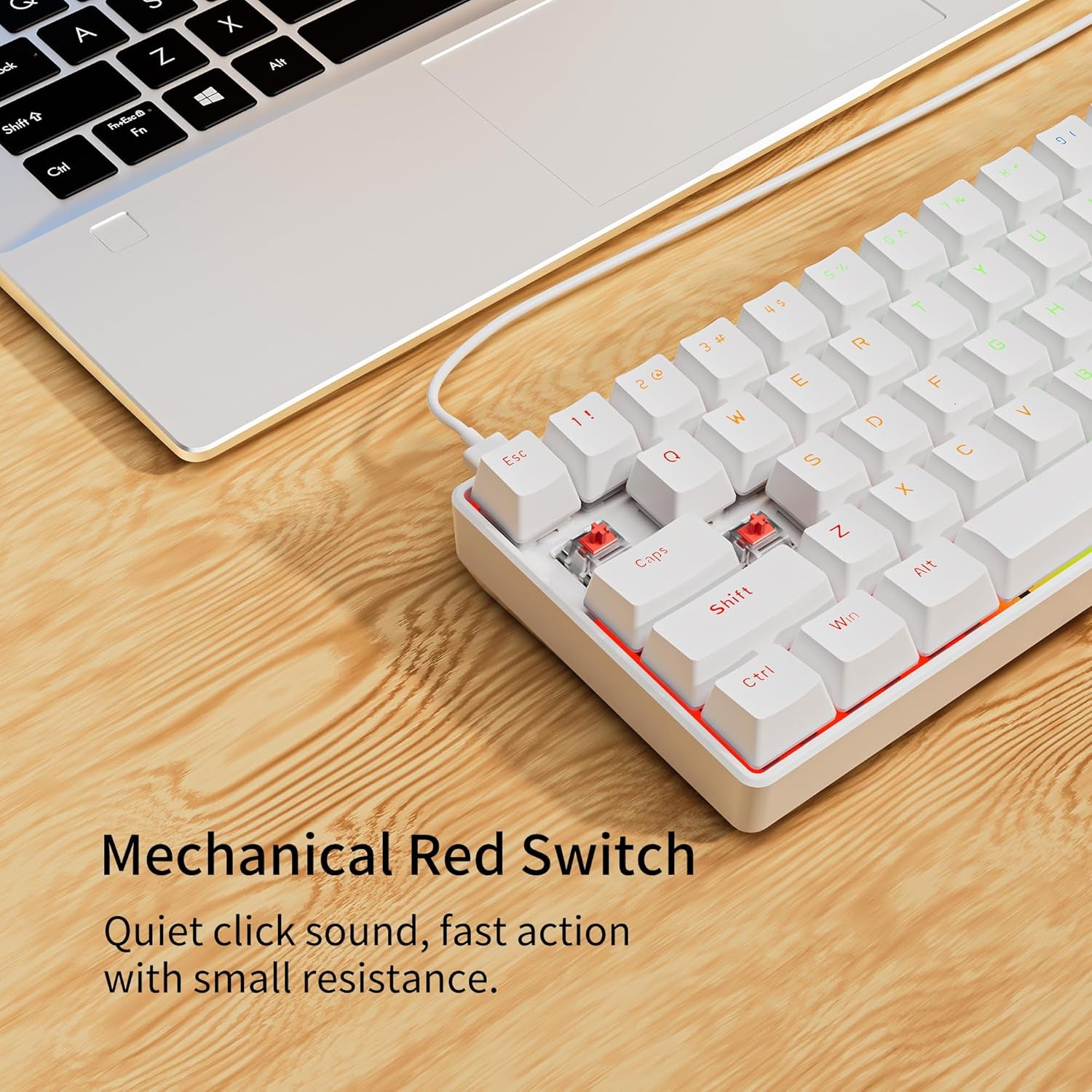 GM611 Gaming Keyboard,60% Percent Mechanical Keyboard Red Switches | 61 Keys,Led Backlit,Anti-Ghosting,White Keycaps ,Wired Gaming Keyboard,Qwerty,Pc, Windows, Gamer, Office, Typist Red Switches