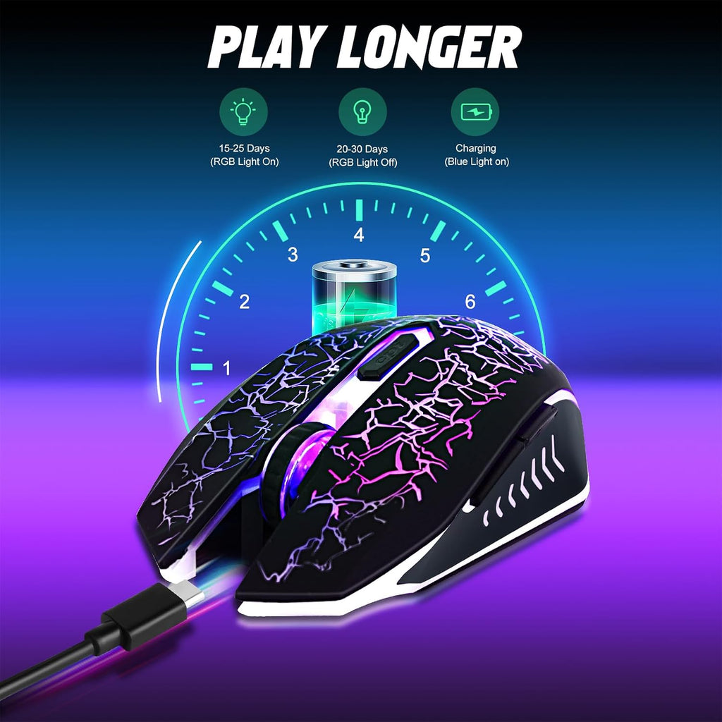 Wireless Gaming Mouse, Rechargeable Computer Mouse, 7-Color LED Light, Ergonomic Mouse with 6 Silent Click Buttons, 3 Adjustable 2400 DPI Wireless Mouse for Laptop,Pc,Mac, Black
