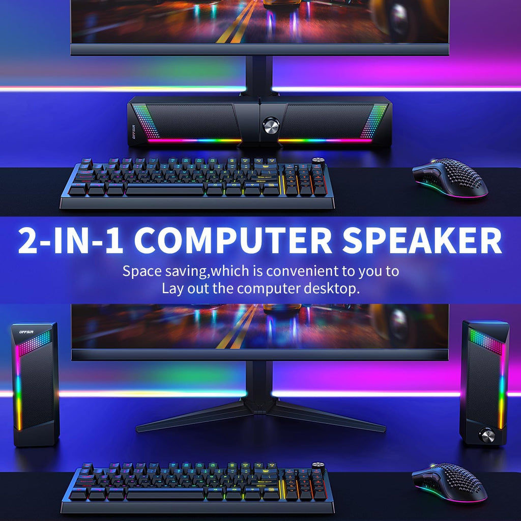 Computer Speakers,2 in 1 PC Speaker,Gaming Speakers for Laptop Desktop Monitor,Touch Sensitive Lighting,10 Watts Peak Power,Usb Powered 3.5Mm Aux(Package Only Two Speaker,No Soundbar)