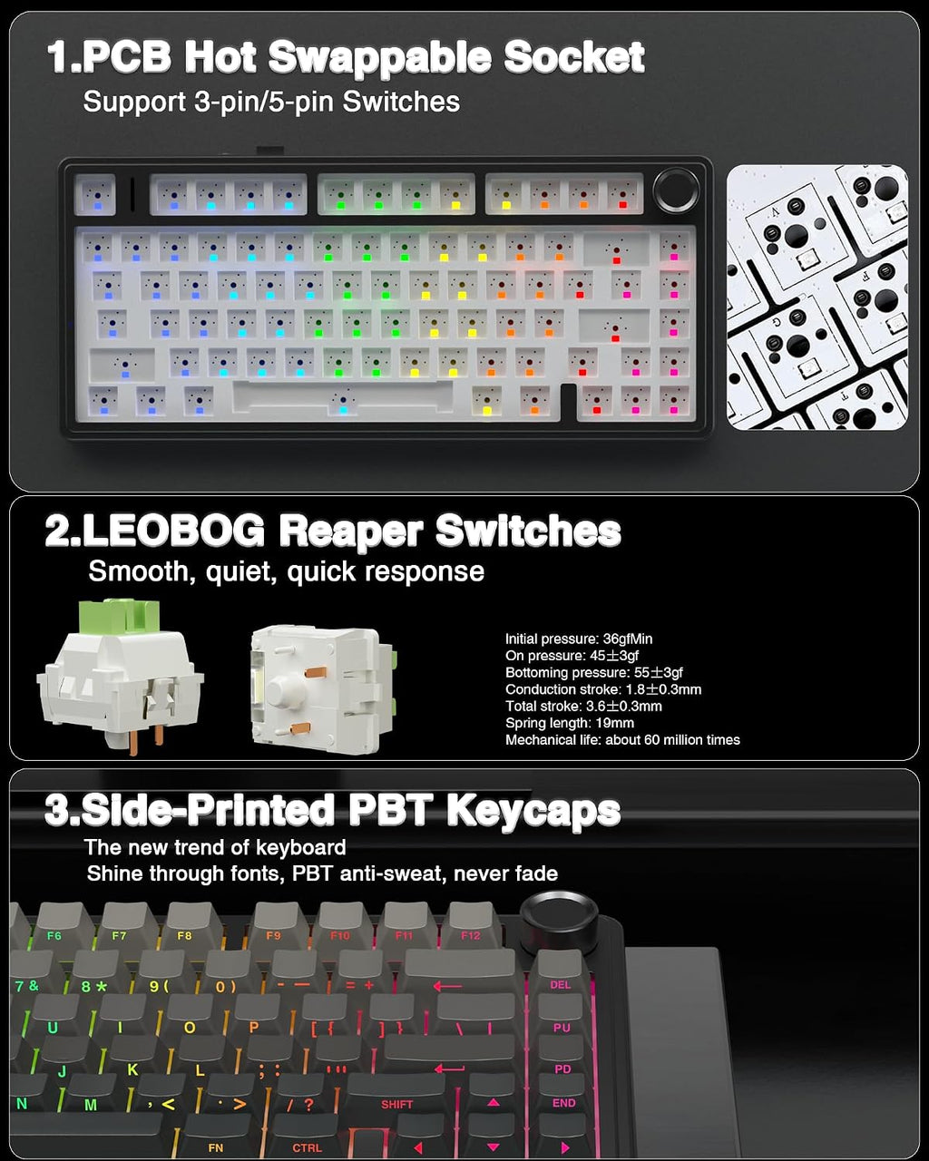 F75 75% Wireless Mechanical Keyboard,2.4Ghz/Type-C/Bt5.0 Gaming Keyboards,Advanced Structure,Side Engraved,Rgb Backlight,Hot Swappable Custom Keyboard for Pc/Mac (Black)