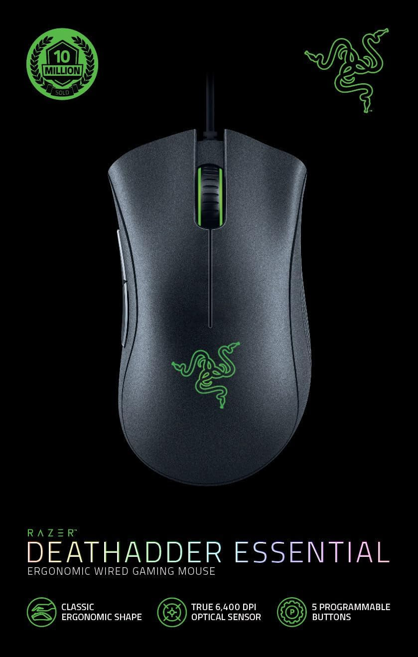 Razer Deathadder Essential (2021) - Wired Gaming Mouse (Optical Sensor, 6400 DPI, 5 Programmable Buttons, Ergonomic Form Factor) Black
