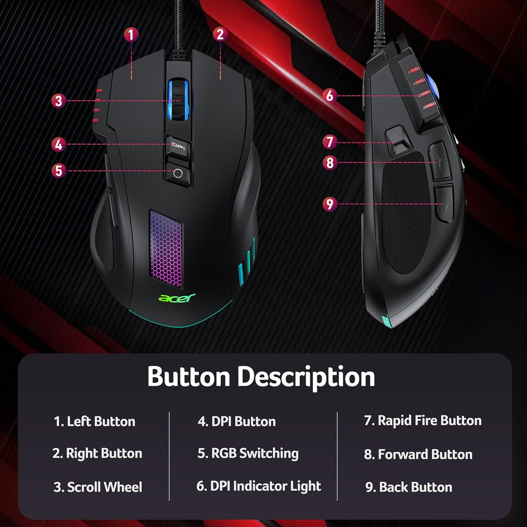 Wired Gaming Mouse, 12,800 DPI RGB Ergonomic Computer Mouse for PC