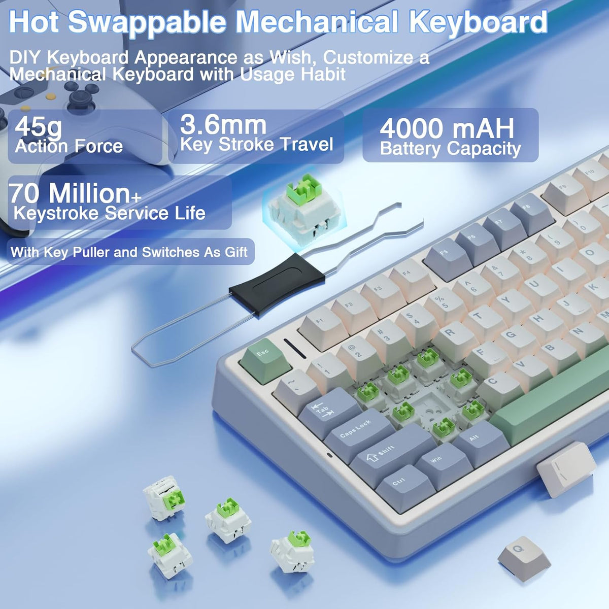 F75 75% Mechanical Gaming Keyboard,2.4Ghz/Type-C/Bt5.0 Wireless Mechanical Keyboards,Advanced Structure,Rgb Backlight,Creamy Sound,Hot Swappable Custom Keyboard(Beige Green)