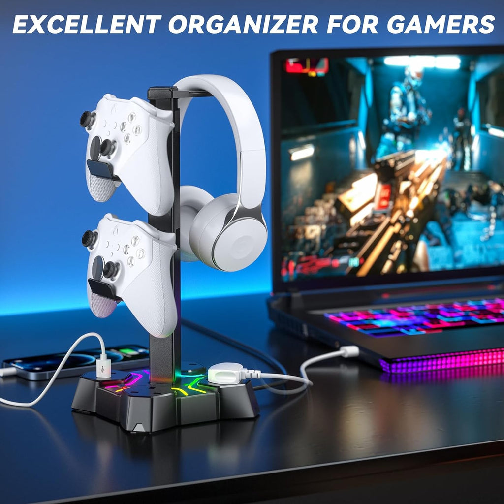 RGB Headphone Stand with USB Charger, Controller Stand for Desk, Headset Stand Holder with 2 USB Charging Ports and 3 AC Outlets Extension Lead Socket,Gaming Headset Desk Accessories