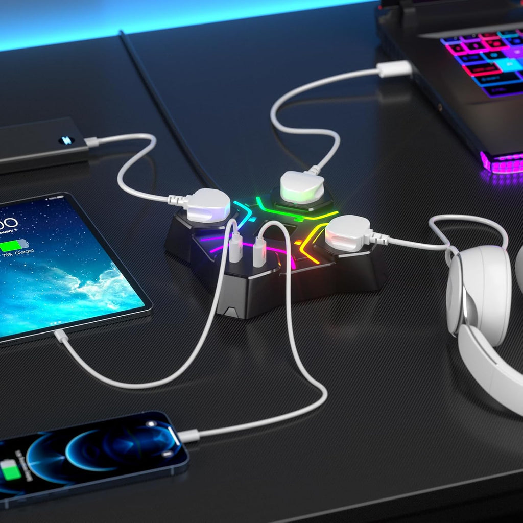 RGB Headphone Stand with USB Charger, Controller Stand for Desk, Headset Stand Holder with 2 USB Charging Ports and 3 AC Outlets Extension Lead Socket,Gaming Headset Desk Accessories