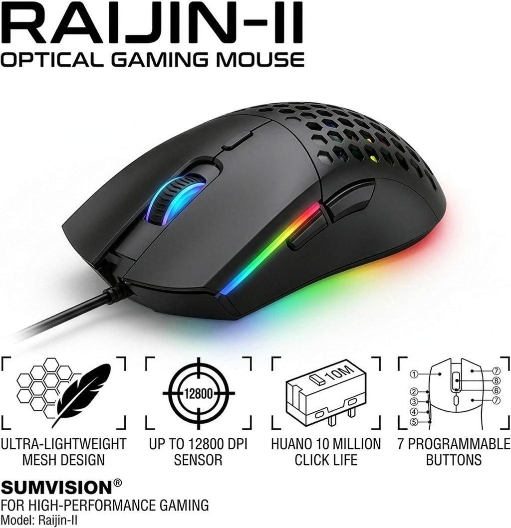 Gaming Mouse  RAIJIN II Computer Mouse 12,800 DPI 16.8 Million Colour 30G Programmable Buttons Macro Software Ergonomic Wired Mouse for PC Laptop Apple Mac Windows 11