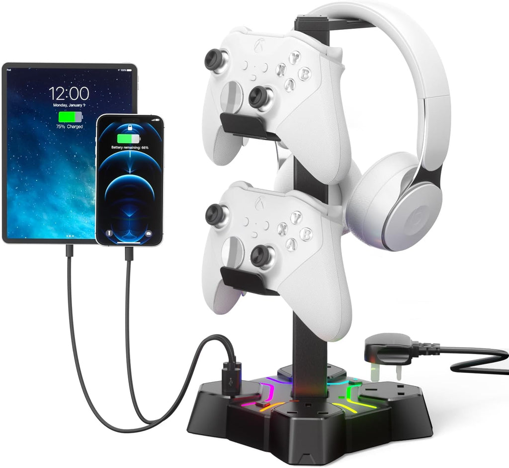 RGB Headphone Stand with USB Charger, Controller Stand for Desk, Headset Stand Holder with 2 USB Charging Ports and 3 AC Outlets Extension Lead Socket,Gaming Headset Desk Accessories