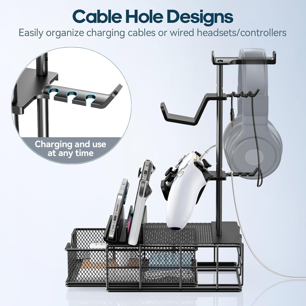 Headphone Stand with Drawer & Cable Organizer - Controller Stand Holder for Desk, Aluminum Supporting Bar Earphone Stand - Universal Headset Holder for Gaming PC Accessories Storage