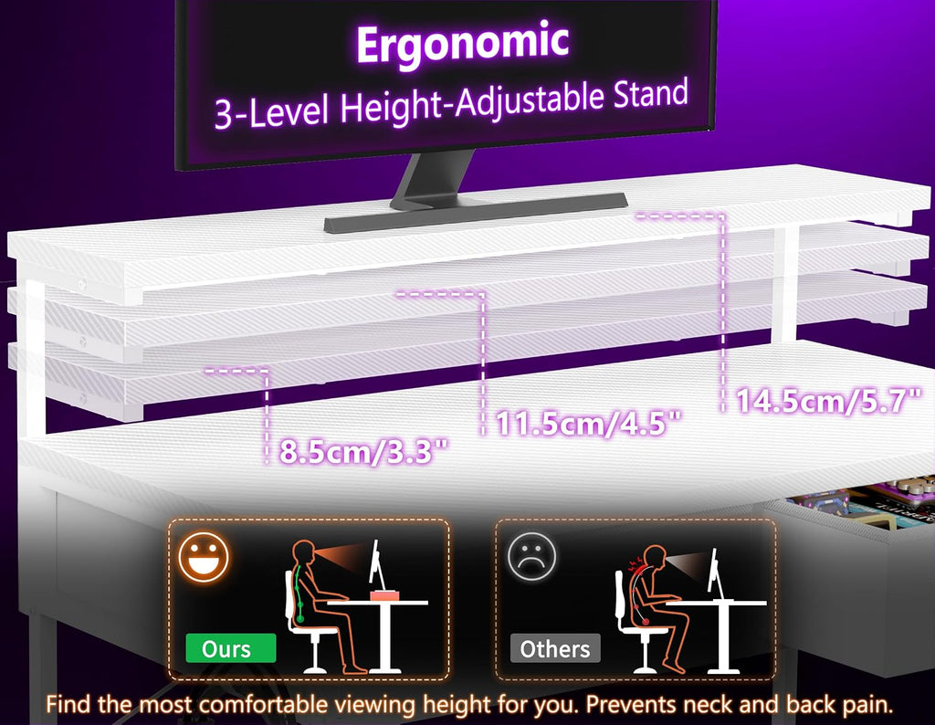Gaming Desk with Adjustable Monitor Stand, 2 Storage Drawers, White 80×48Cm