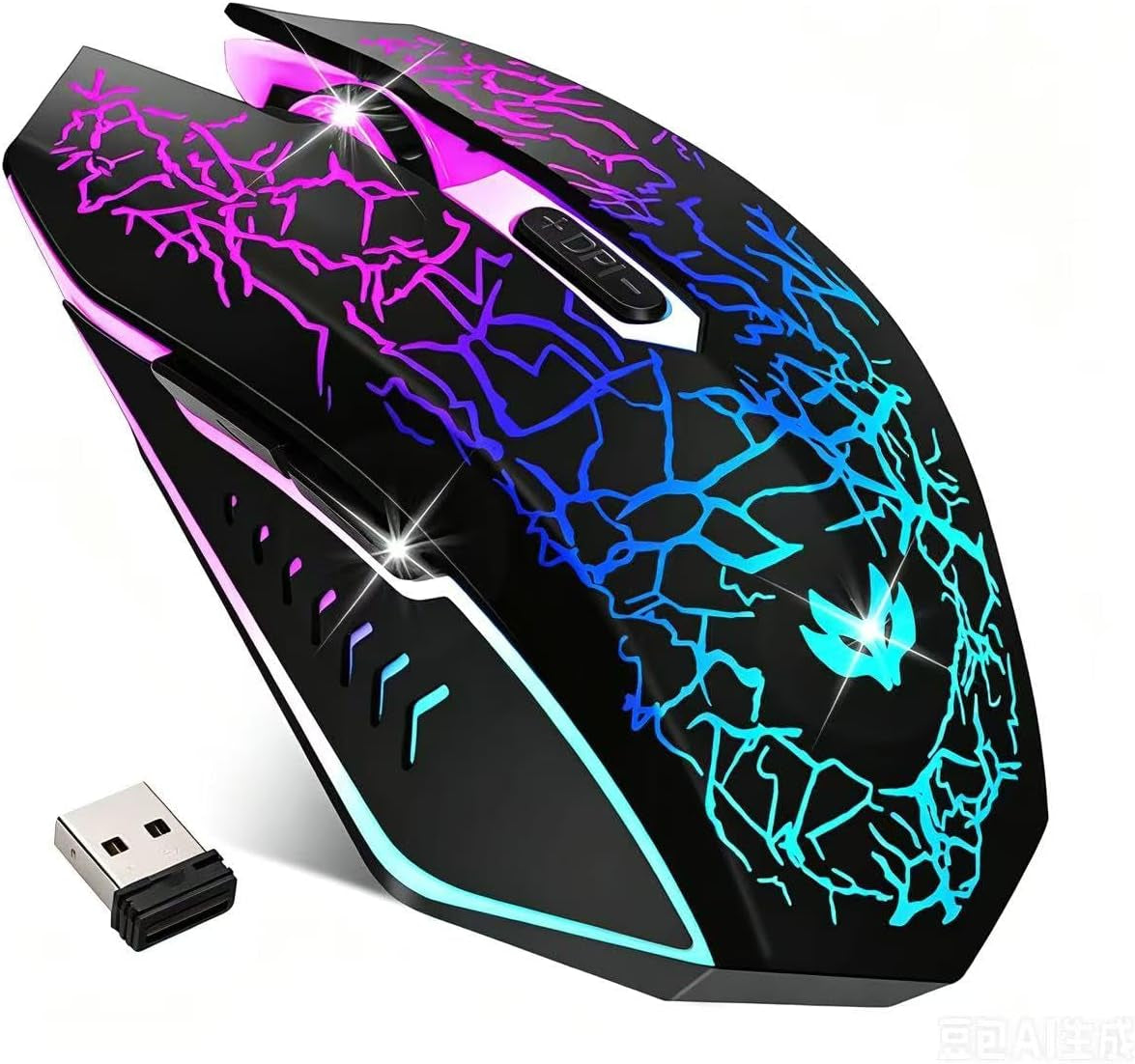 Wireless Gaming Mouse, Rechargeable Computer Mouse, 7-Color LED Light, Ergonomic Mouse with 6 Silent Click Buttons, 3 Adjustable 2400 DPI Wireless Mouse for Laptop,Pc,Mac, Black