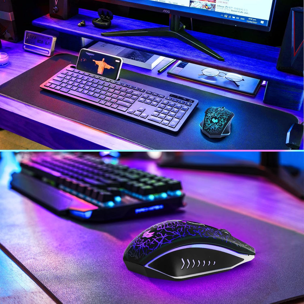 Wireless Gaming Mouse, Rechargeable Computer Mouse, 7-Color LED Light, Ergonomic Mouse with 6 Silent Click Buttons, 3 Adjustable 2400 DPI Wireless Mouse for Laptop,Pc,Mac, Black