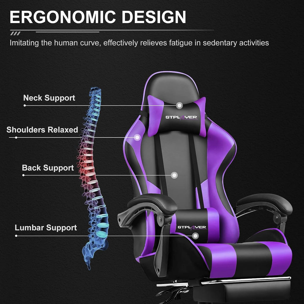 Gaming Chair, Massage Computer Chairs with Footrest, Headrest and Lumbar Support Height Adjustable Ergonomic 360°-Swivel PC Chair Purple