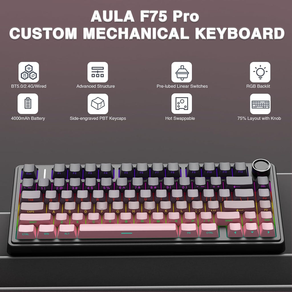 F75 75% Wireless Mechanical Keyboard,2.4Ghz/Type-C/Bt5.0 Gaming Keyboards,Advanced Structure,Side Engraved,Rgb Backlight,Hot Swappable Custom Keyboard for Pc/Mac (Black&Pink)