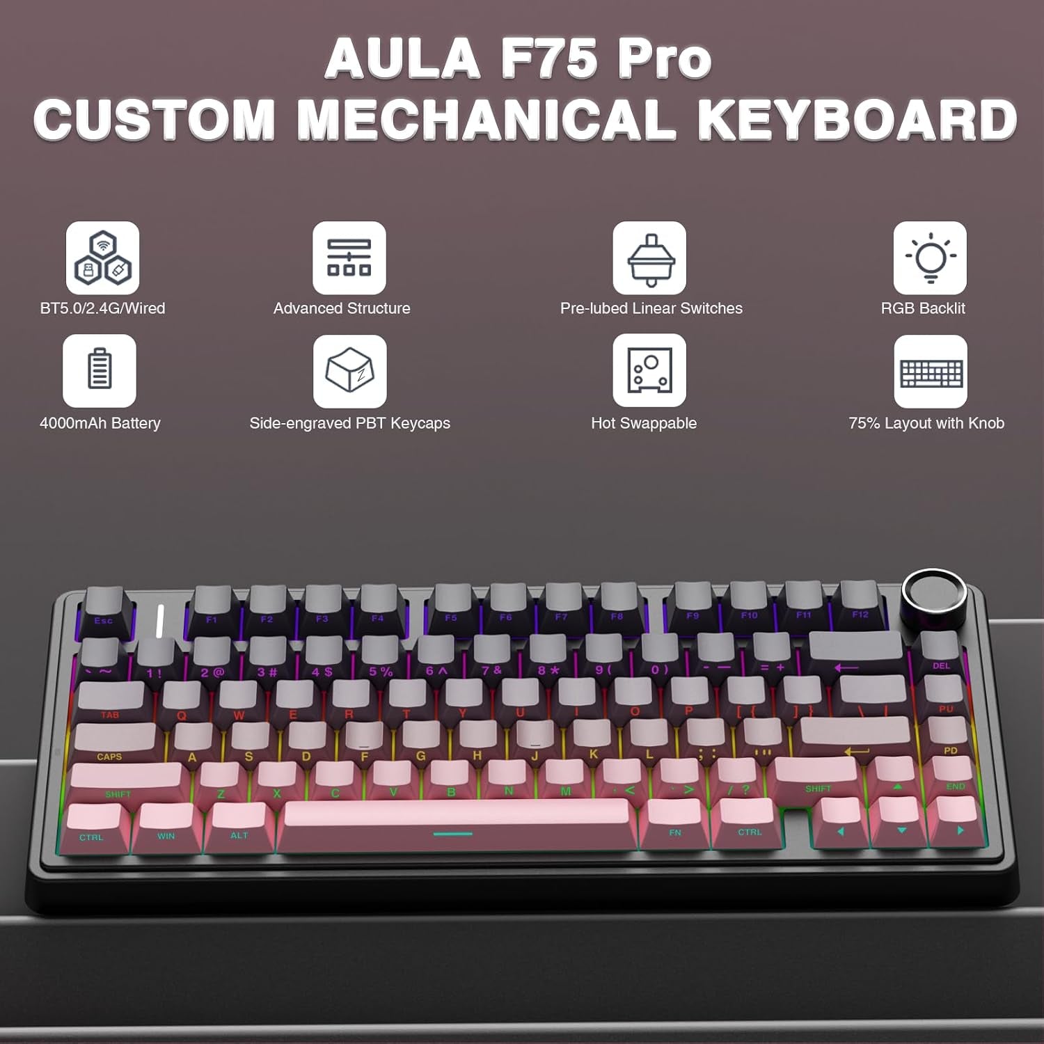 F75 75% Wireless Mechanical Keyboard,2.4Ghz/Type-C/Bt5.0 Gaming Keyboards,Advanced Structure,Side Engraved,Rgb Backlight,Hot Swappable Custom Keyboard for Pc/Mac (Black&Pink)