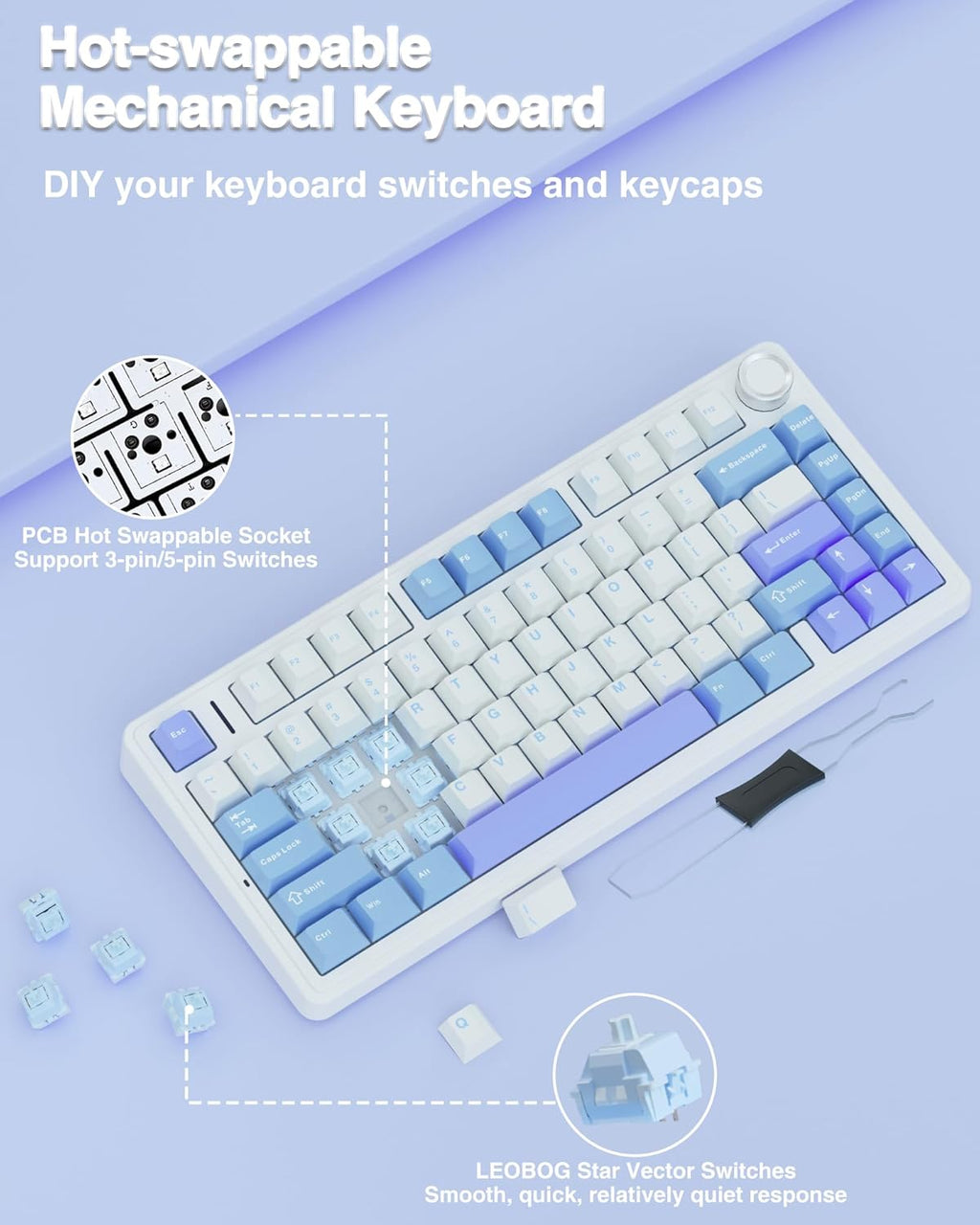 F75 75% Wireless Mechanical Keyboard,2.4Ghz/Type-C/Bt5.0 Gaming Keyboards,Advanced Structure,Rgb Backlight,Hot Swappable Custom Keyboard for Pc/Mac (Blue&Purple)