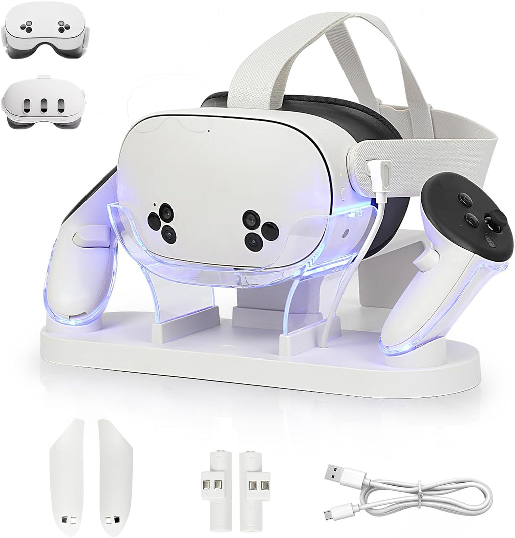 For Metaquest 3S/Quest 3 Charging Dock, VR Charger Station Stand for Metaquest 3S/3 Storage, W/Led Indicator Light and 2 Touch Controller Grips Rechargeable Batteries (White)