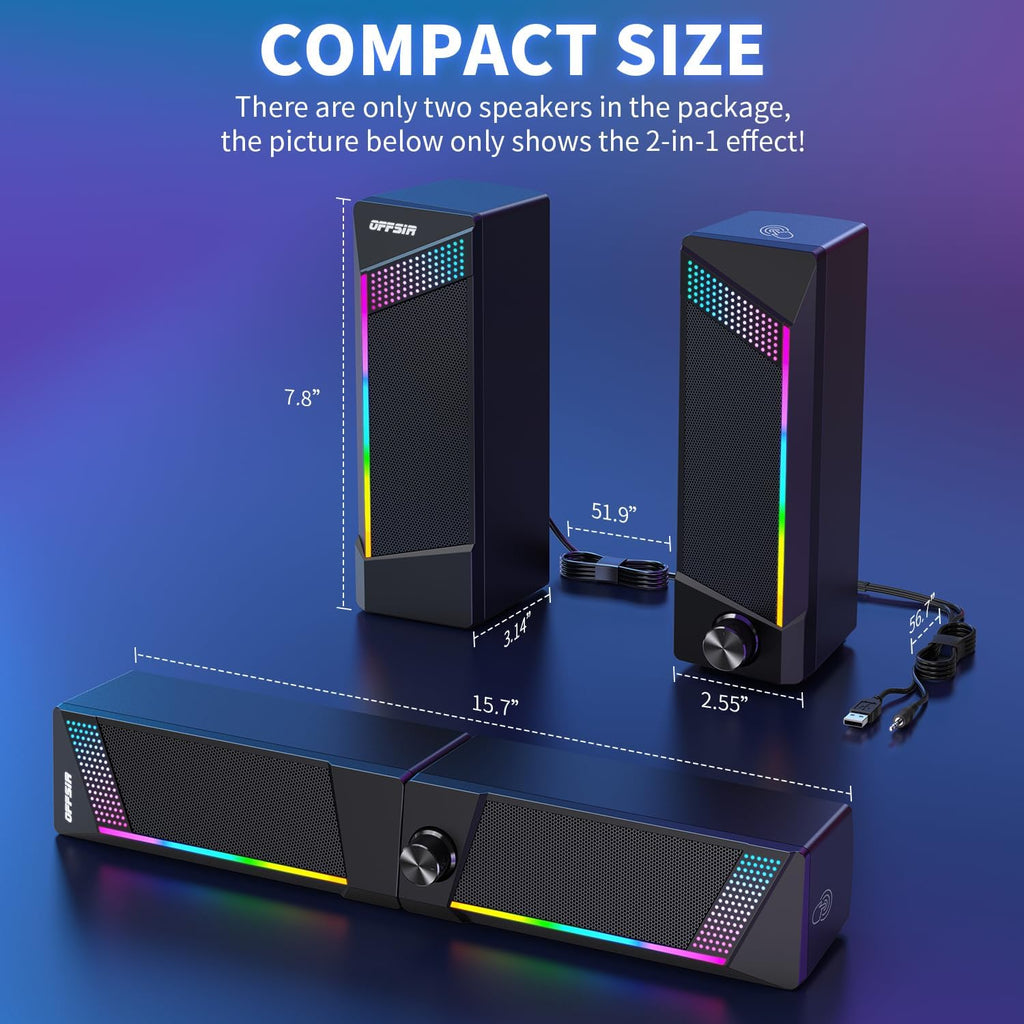 Computer Speakers,2 in 1 PC Speaker,Gaming Speakers for Laptop Desktop Monitor,Touch Sensitive Lighting,10 Watts Peak Power,Usb Powered 3.5Mm Aux(Package Only Two Speaker,No Soundbar)