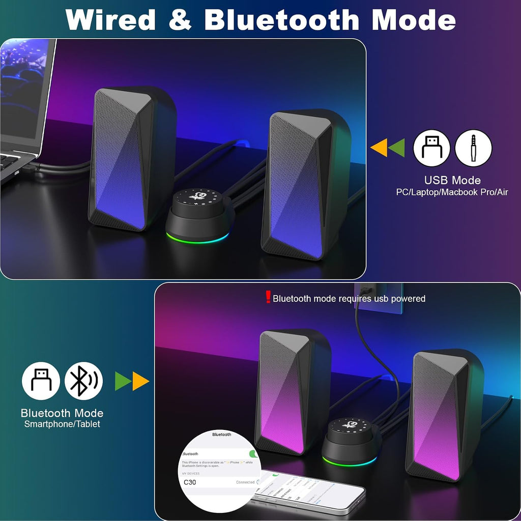 C30 Bluetooth PC Speakers for Desktop, Monitor, Laptop, Gaming | 3.5Mm Aux Input, USB Powered, Stereo 2.0, Bluetooth 5.1, Colourful LED Lighting, 1 Pair, Black