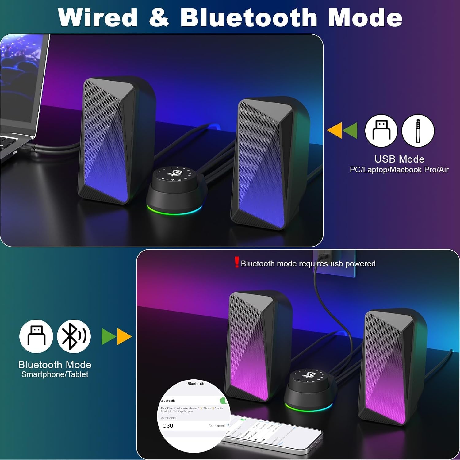 C30 Bluetooth PC Speakers for Desktop, Monitor, Laptop, Gaming | 3.5Mm Aux Input, USB Powered, Stereo 2.0, Bluetooth 5.1, Colourful LED Lighting, 1 Pair, Black