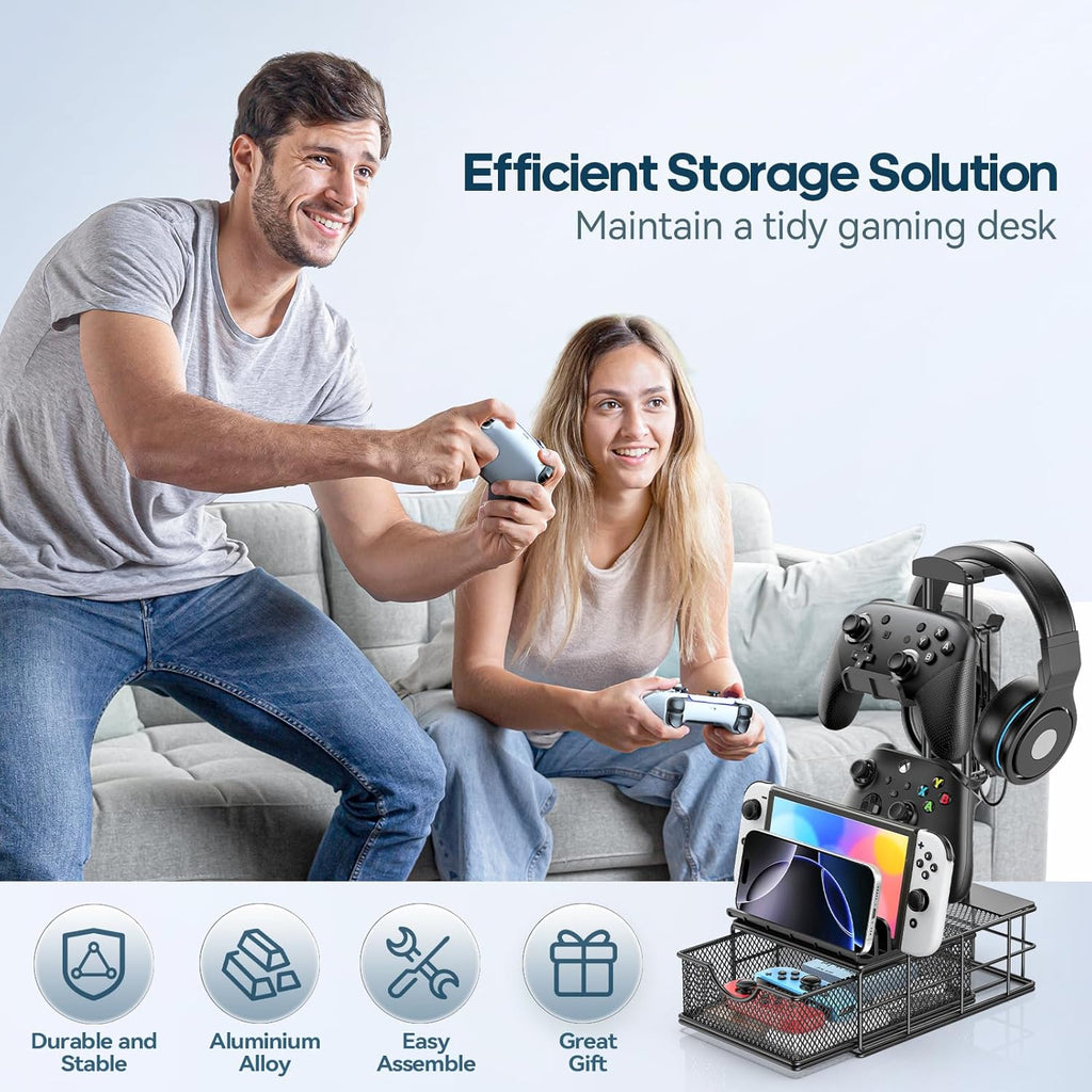 Headphone Stand with Drawer & Cable Organizer - Controller Stand Holder for Desk, Aluminum Supporting Bar Earphone Stand - Universal Headset Holder for Gaming PC Accessories Storage
