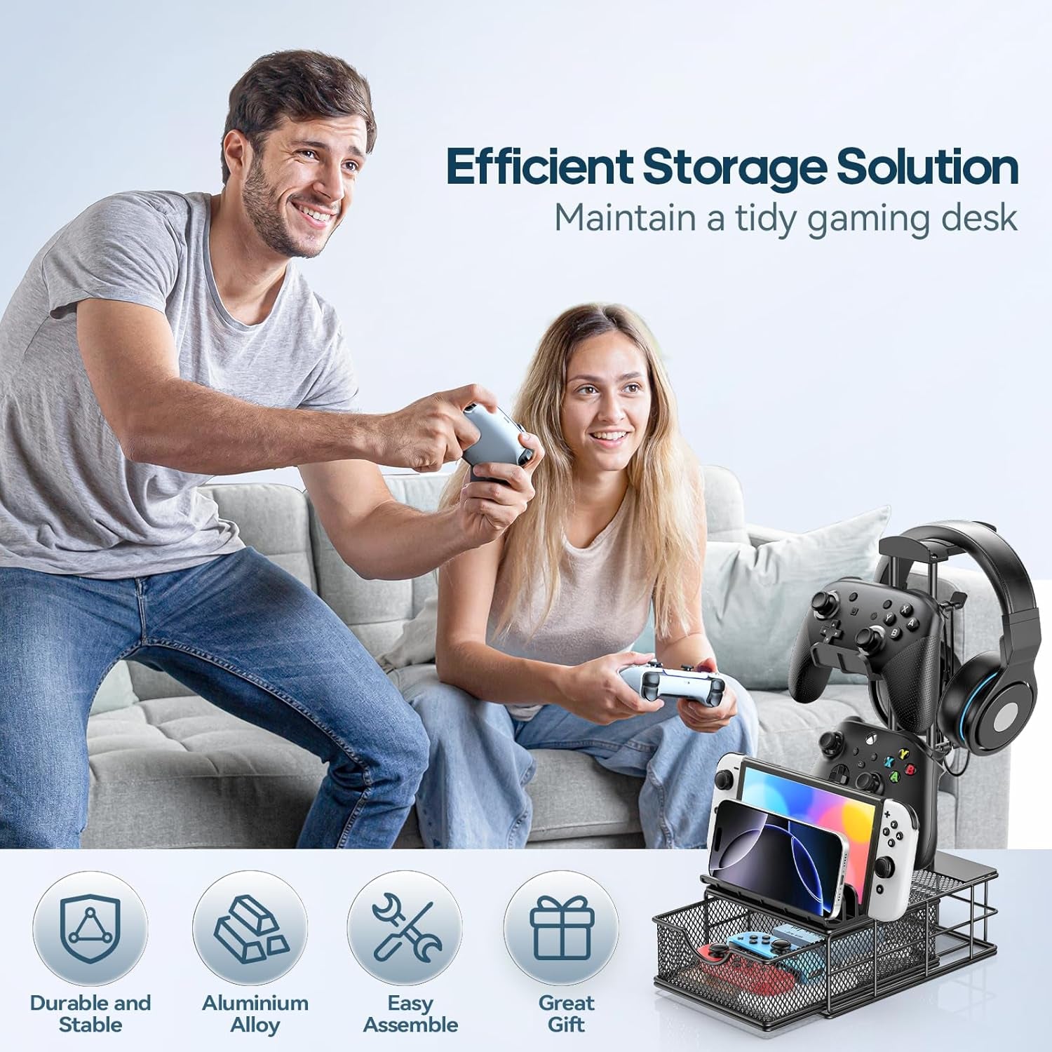Headphone Stand with Drawer & Cable Organizer - Controller Stand Holder for Desk, Aluminum Supporting Bar Earphone Stand - Universal Headset Holder for Gaming PC Accessories Storage