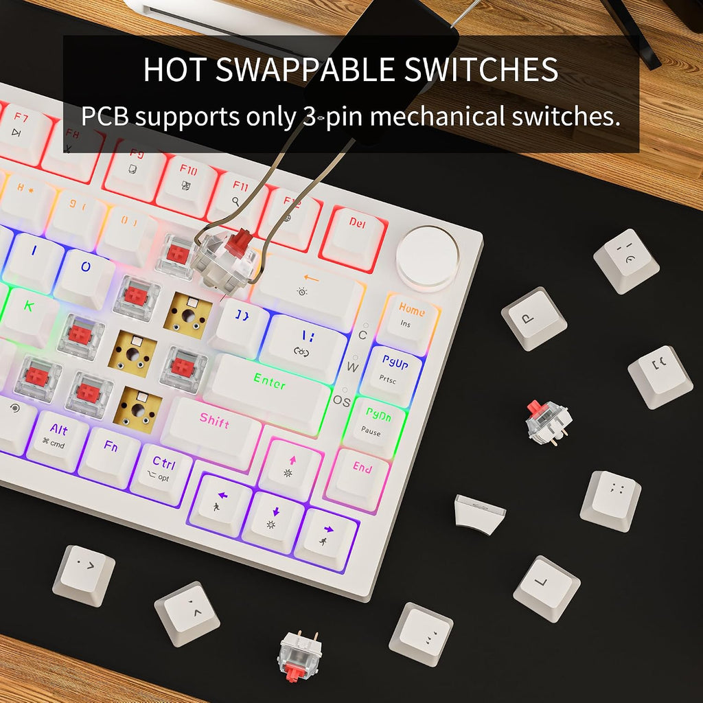 GM326 Mechanical Keyboard,Wired Gaming Keyboard,75% Percent Keyboard | Mechanical Keyboard,Wired Gaming Keyboard,75% Percent,Hot Swappable,Compact,Led Backlit,Usb C,Knob,Pc,Qwerty,White,Red Switch