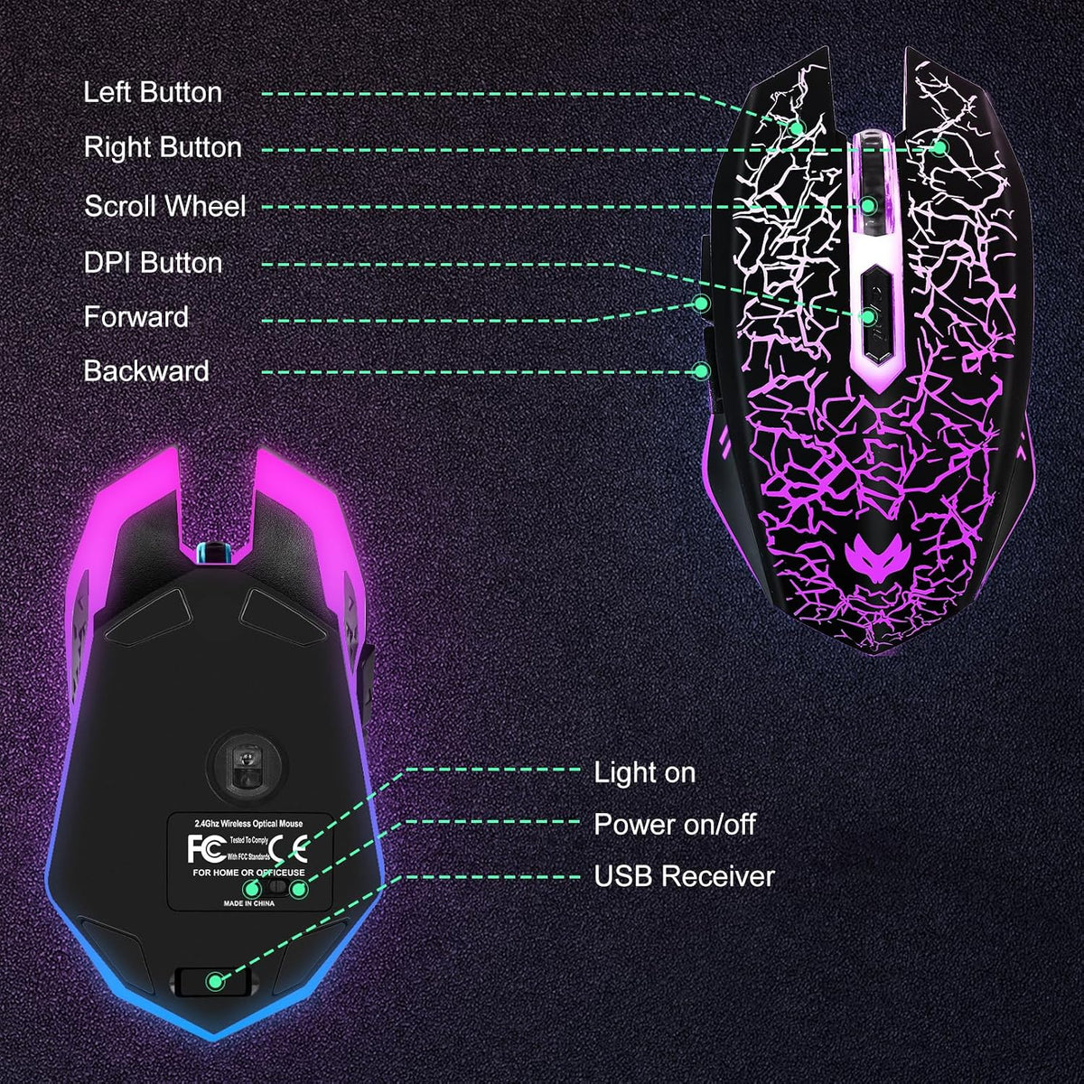 Wireless Gaming Mouse, Rechargeable Computer Mouse, 7-Color LED Light, Ergonomic Mouse with 6 Silent Click Buttons, 3 Adjustable 2400 DPI Wireless Mouse for Laptop,Pc,Mac, Black