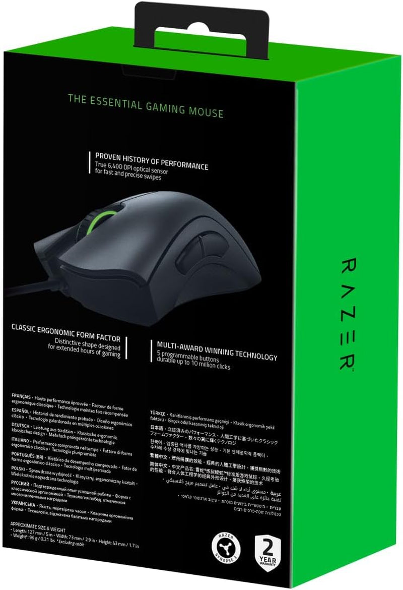 Razer Deathadder Essential (2021) - Wired Gaming Mouse (Optical Sensor, 6400 DPI, 5 Programmable Buttons, Ergonomic Form Factor) Black