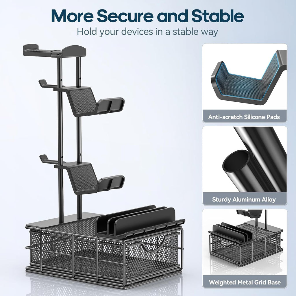 Headphone Stand with Drawer & Cable Organizer - Controller Stand Holder for Desk, Aluminum Supporting Bar Earphone Stand - Universal Headset Holder for Gaming PC Accessories Storage
