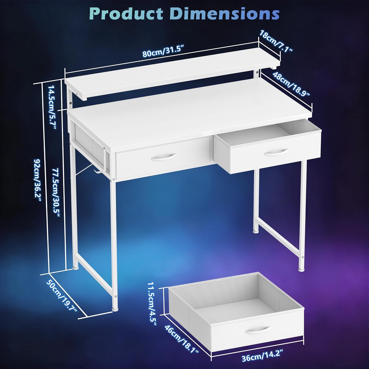 Gaming Desk with Adjustable Monitor Stand, 2 Storage Drawers, White 80×48Cm