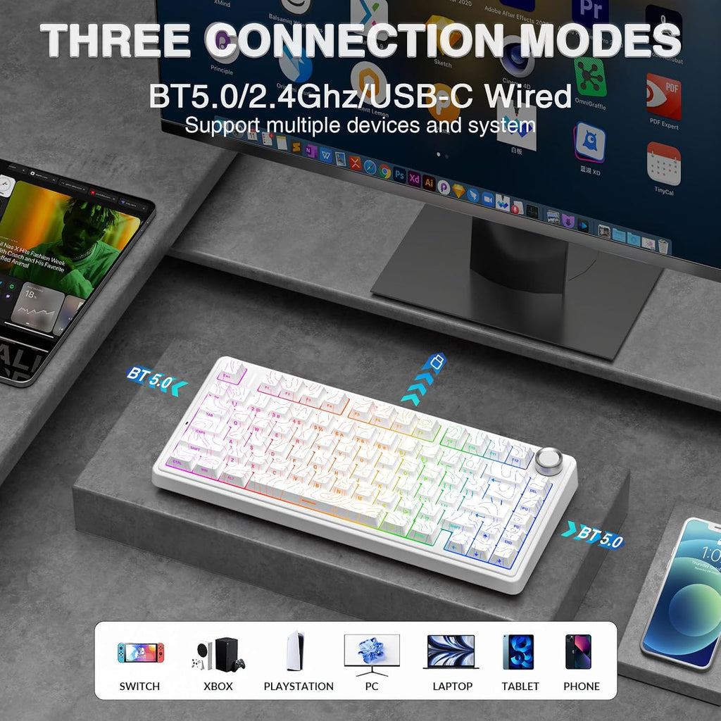F75 75% Wireless Mechanical Keyboard,2.4Ghz/Type-C/Bt5.0 Gaming Keyboards,Advanced Structure,Side Engraved,Rgb Backlight,Hot Swappable Custom Keyboard for Pc/Mac (White)