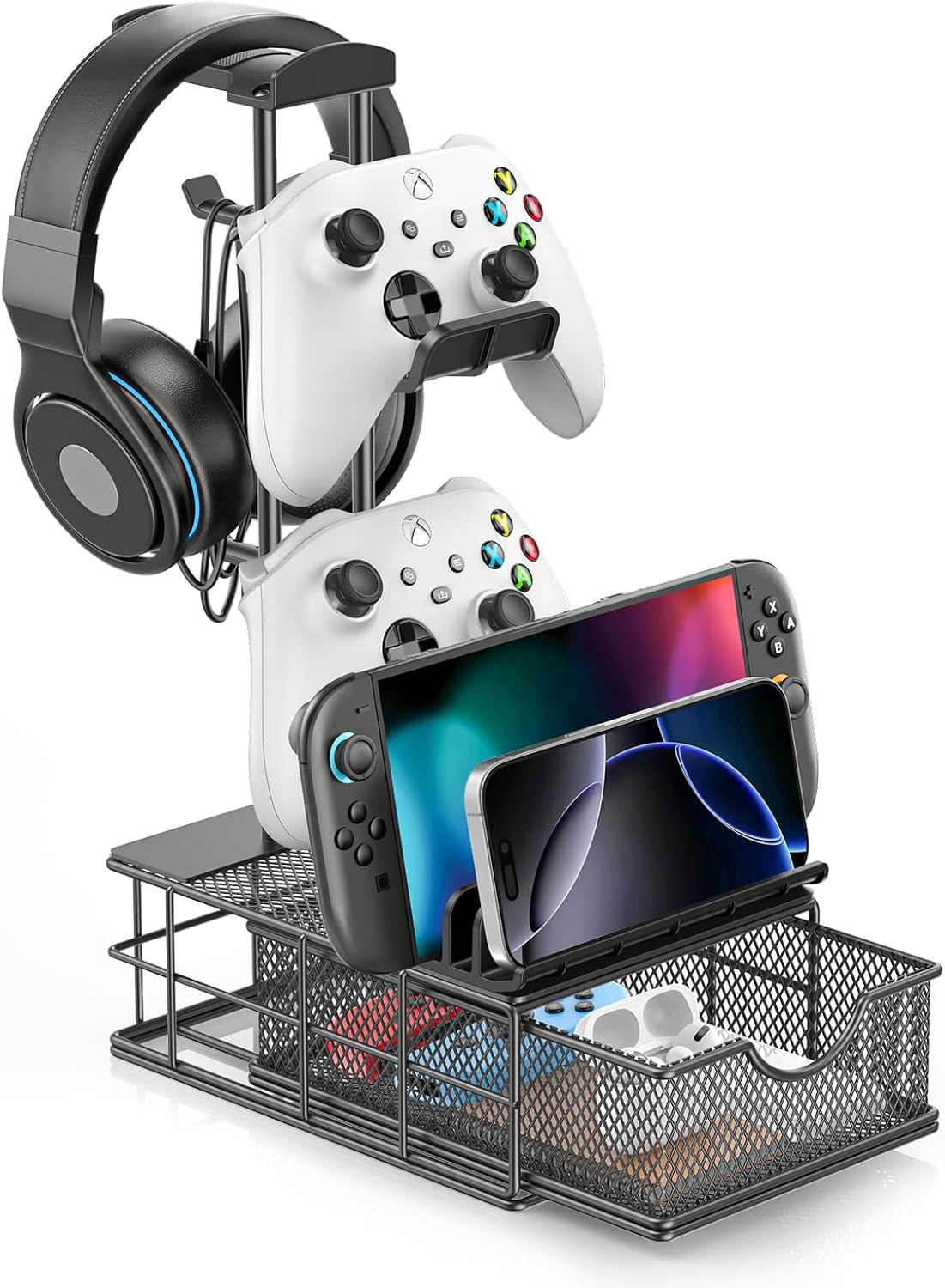 Headphone Stand with Drawer & Cable Organizer - Controller Stand Holder for Desk, Aluminum Supporting Bar Earphone Stand - Universal Headset Holder for Gaming PC Accessories Storage