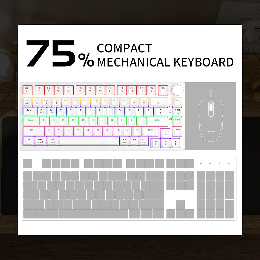 GM326 Mechanical Keyboard,Wired Gaming Keyboard,75% Percent Keyboard | Mechanical Keyboard,Wired Gaming Keyboard,75% Percent,Hot Swappable,Compact,Led Backlit,Usb C,Knob,Pc,Qwerty,White,Red Switch