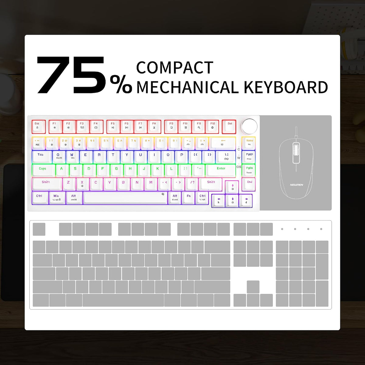GM326 Mechanical Keyboard,Wired Gaming Keyboard,75% Percent Keyboard | Mechanical Keyboard,Wired Gaming Keyboard,75% Percent,Hot Swappable,Compact,Led Backlit,Usb C,Knob,Pc,Qwerty,White,Red Switch