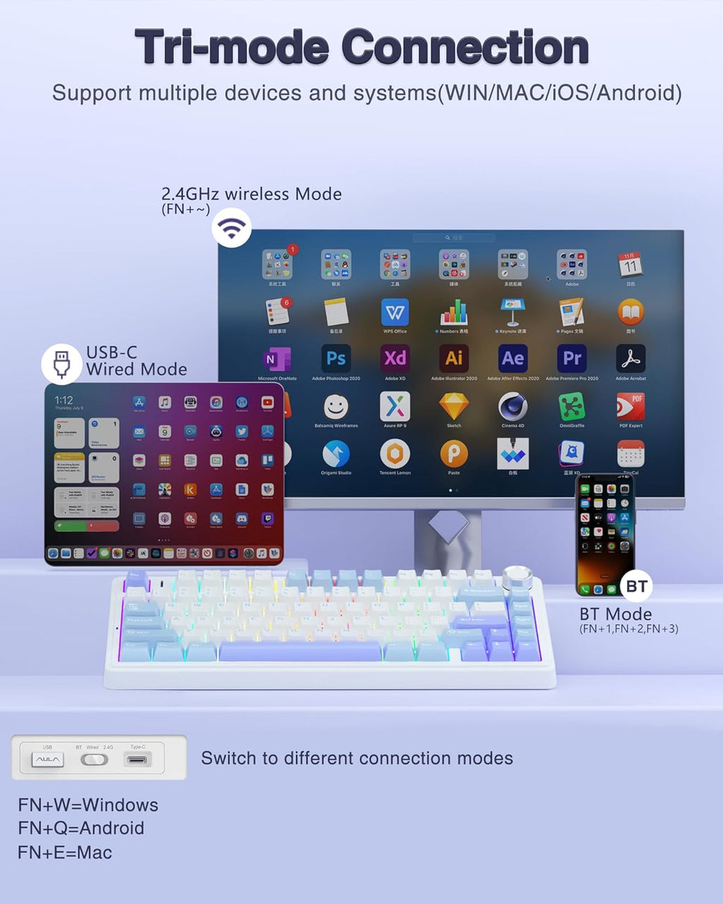 F75 75% Wireless Mechanical Keyboard,2.4Ghz/Type-C/Bt5.0 Gaming Keyboards,Advanced Structure,Rgb Backlight,Hot Swappable Custom Keyboard for Pc/Mac (Blue&Purple)