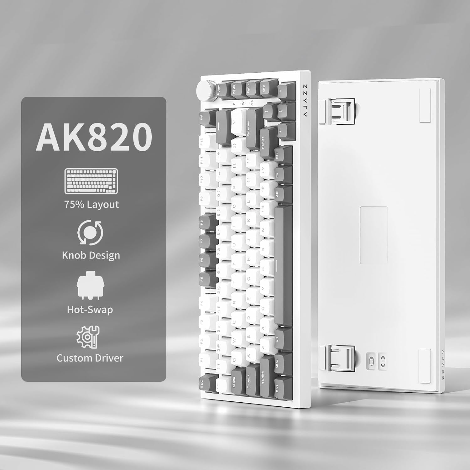AK820 Mechanical Keyboard, 75% Hot Swappable Wired Keyboard with Volume Control Knob, QWERTY Layout, PBT Keycaps, Five-Layer Sound Insulation Pad, 82-Key Gaming Keyboard, Grey White