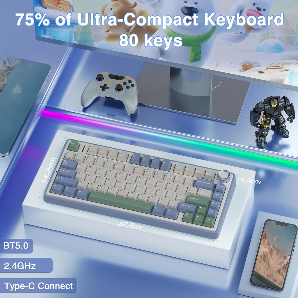 F75 75% Mechanical Gaming Keyboard,2.4Ghz/Type-C/Bt5.0 Wireless Mechanical Keyboards,Advanced Structure,Rgb Backlight,Creamy Sound,Hot Swappable Custom Keyboard(Beige Green)
