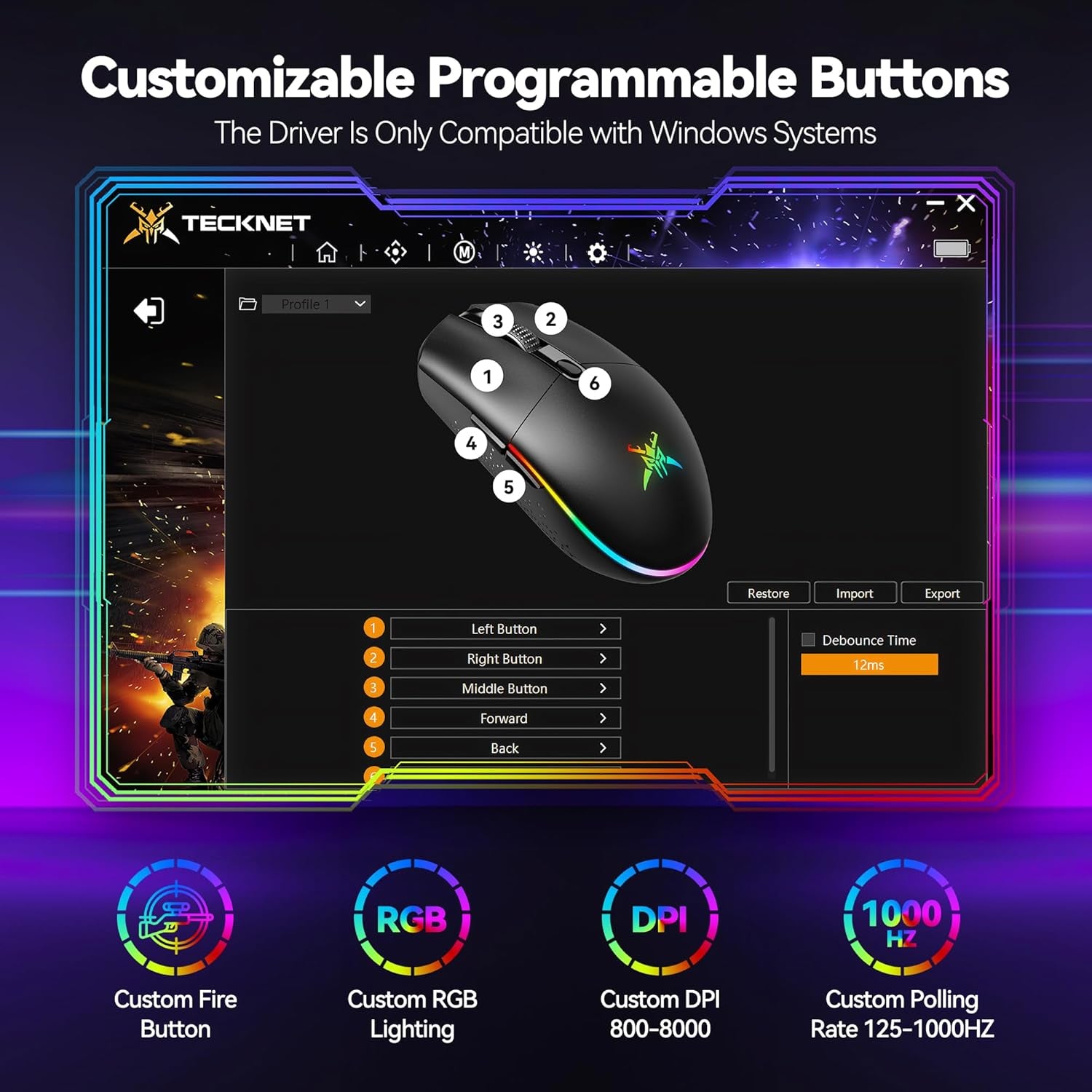 RGB Wireless Gaming Mouse 8000 DPI 6 Button, Wireless & Wired Mode