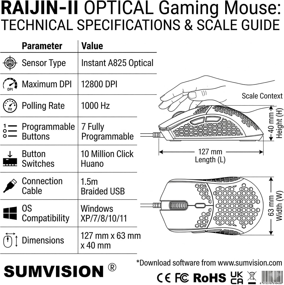 Gaming Mouse  RAIJIN II Computer Mouse 12,800 DPI 16.8 Million Colour 30G Programmable Buttons Macro Software Ergonomic Wired Mouse for PC Laptop Apple Mac Windows 11
