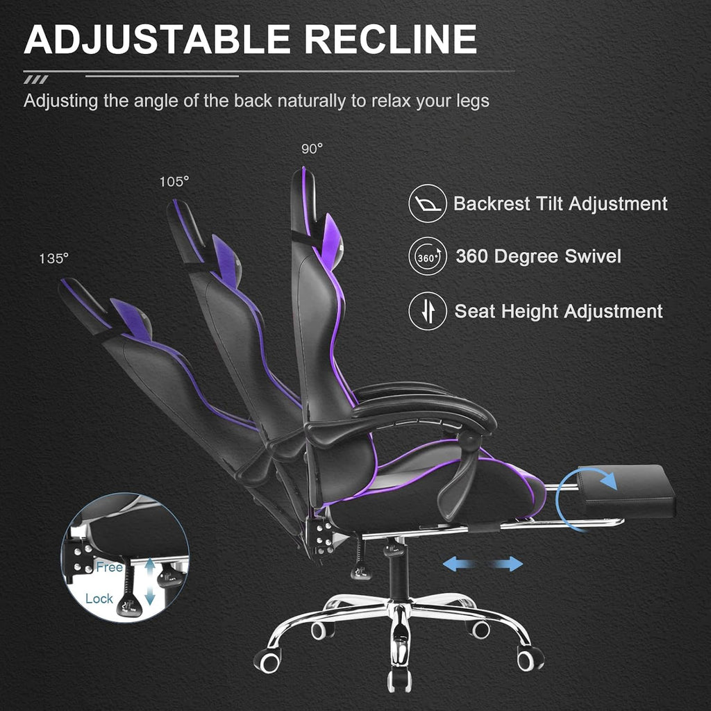Gaming Chair, Massage Computer Chairs with Footrest, Headrest and Lumbar Support Height Adjustable Ergonomic 360°-Swivel PC Chair Purple